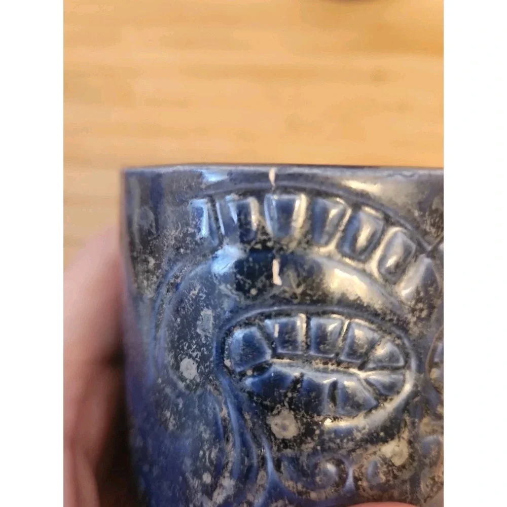Vtg Set of 4 Tiki Mug Glass Cup Dark Blue Metallic Glaze Glossy Hawaiian Beach